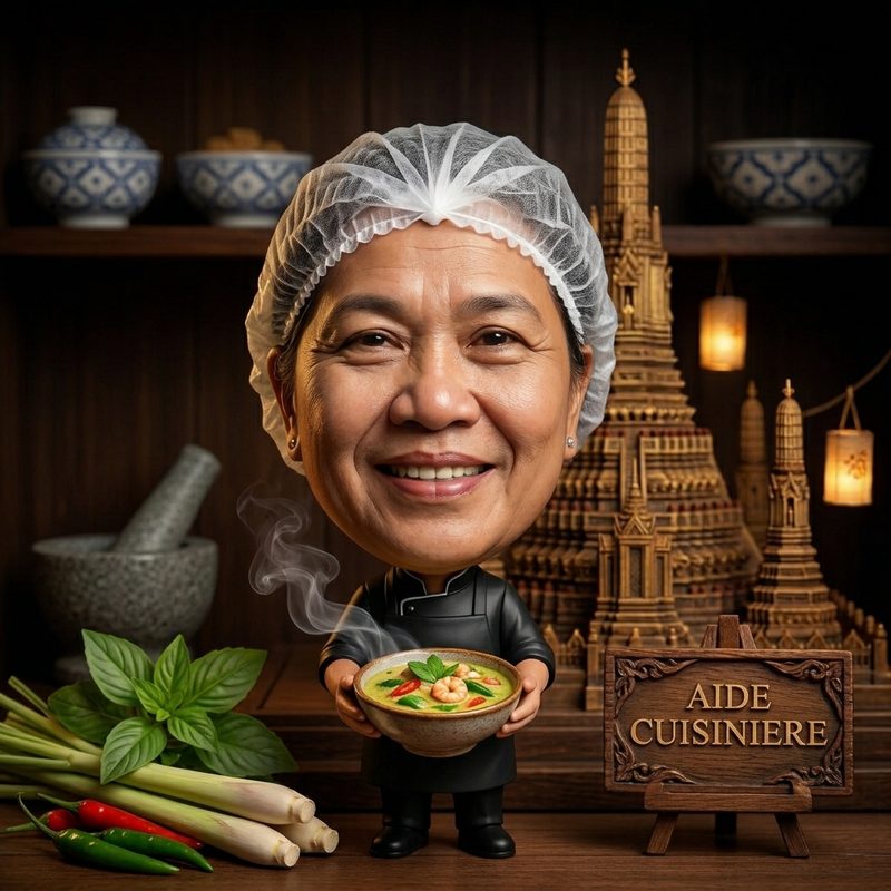 Portrait illustré de l’aide cuisinière tenant un bol de curry vert