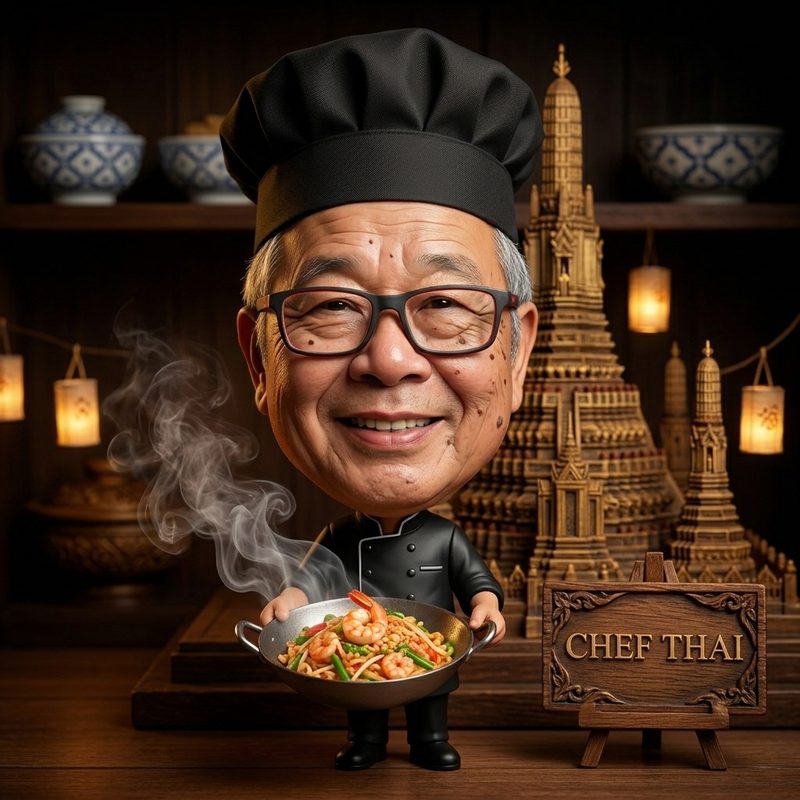 Portrait illustré du chef cuisinier tenant un wok de Pad Thaï