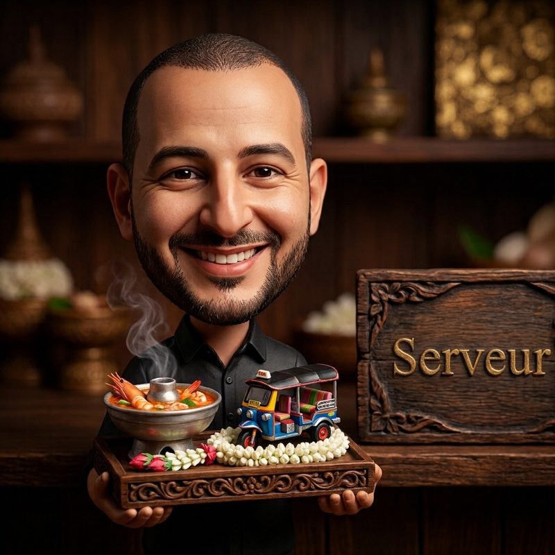 Portrait illustré du serveur portant une soupe Tom Yum
