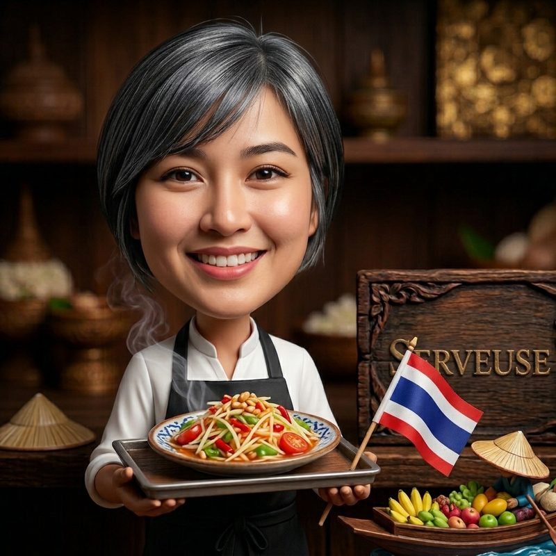 Portrait illustré d’une serveuse portant une salade Som Tam