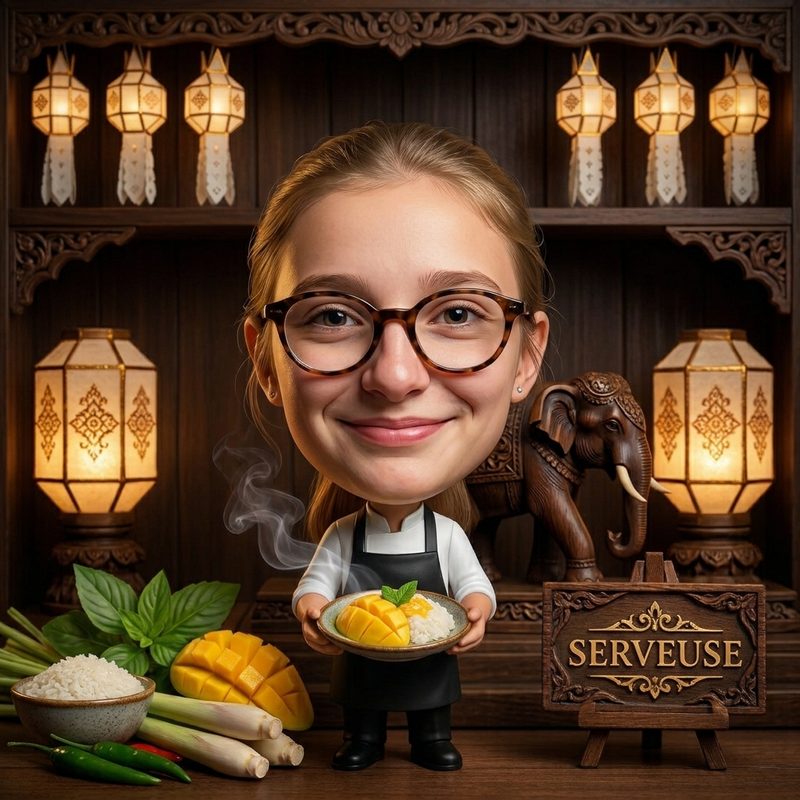 Portrait illustré d’une serveuse tenant un riz gluant à la mangue